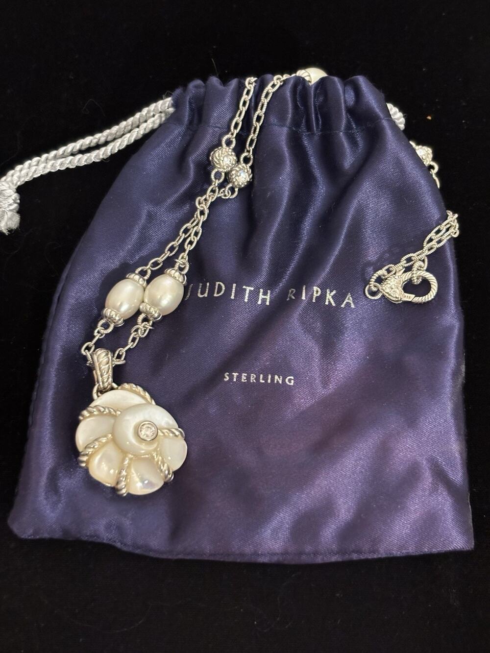 Vintage Judith Ripka Sterling MOP Nautilus PENDANT/18” Pearl/CZ Station NECKLACE